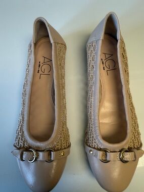 AGL Beige Knit and Leather Flats with Gold Buckle